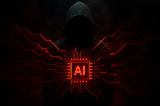 Cyber threat concept of a dark hooded figure with glowing red artificial intelligence or ai computer chip and circuit board lines on a black background