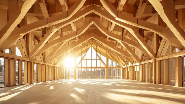Architectural Marvel - A Spacious Interior with Exposed Wooden Beams and Natural Light.