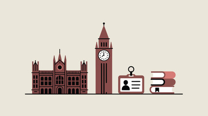 Illustration of a building, big ben, id card, and stack of books on a light beige background