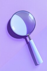 A person's hand holding a magnifying glass, casting a shadow on a purple textured surface.