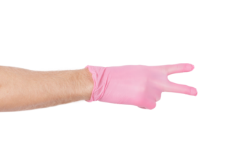 A person wearing a pink glove points to something, ideal for illustrations and designs