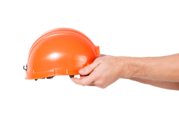 A person holding a hard hat, ready to work on site