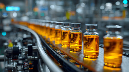 Pharmaceutical Vials Moving on a Production Line in a Manufacturing Facility