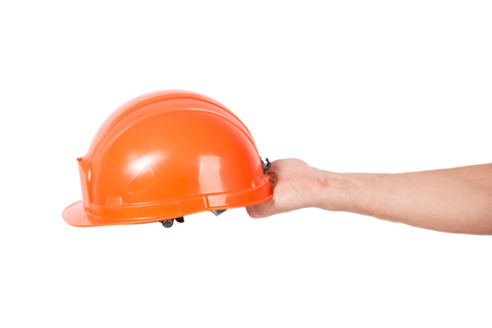 A person holds an orange hard hat on a white background, ready for work or construction