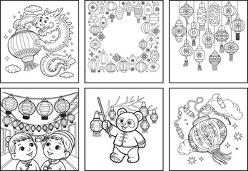 Happy chinese new year with beautiful lantern decorated coloring page bundle for kids, black line art vector illustration doodle set