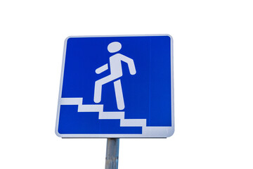 A blue and white sign with a man walking up stairs, ideal for use in real estate or architecture contexts