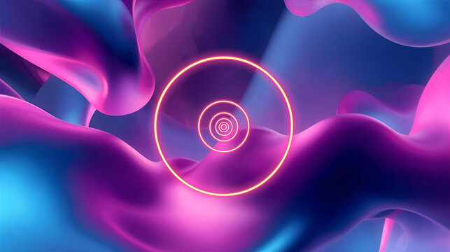 Abstract digital art featuring concentric glowing orange circles against a flowing, wavy background of blue and pink hues.