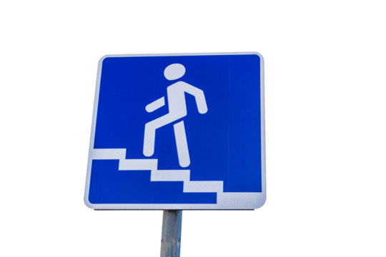 A blue and white sign with a man walking up stairs, ideal for use in real estate or architecture contexts