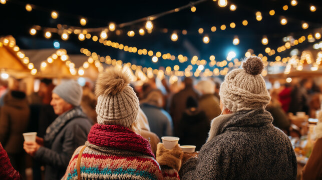 Visitors in Winter Knitwear Exploring Montreux No&euml;l Christmas Market Under Beautiful Golden String Lights and Festive Stalls