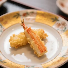 4k high quality Ai generative HD photo realistic menu selling restaurant eat dish snack Japanese food traditional coated tempura deep fried shrimp crab stick roll fancy white plate