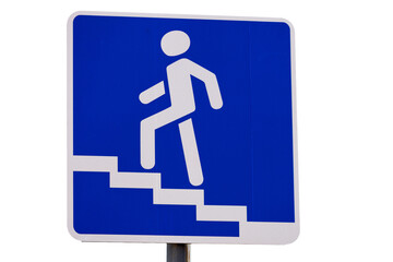 A blue and white sign with a man walking up stairs, suitable for use in public spaces or advertising