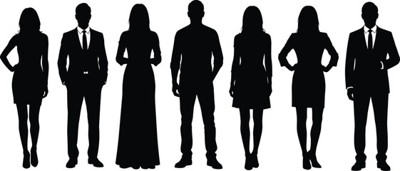 Silhouetted group of elegant men and women standing in formal and casual outfits, isolated on white background for fashion and business concepts