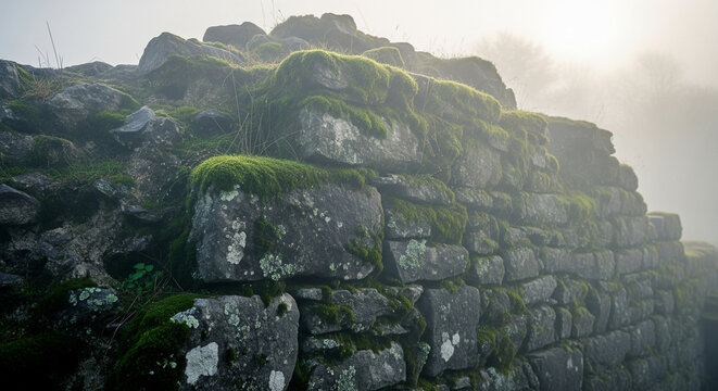 Dense fog surrounding an ancient, moss-covered stone wall or ruin. The texture of the stone is softened by the mist, giving it a timeless, almost mystical quality. Usage History, mystery, ancient, fan