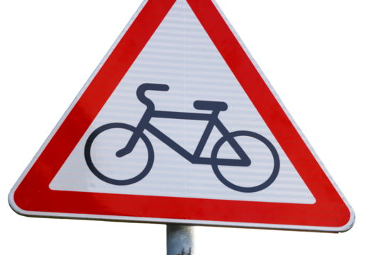 A traffic sign featuring a red and white design with a bicycle icon, often used for cycling routes or bike lanes