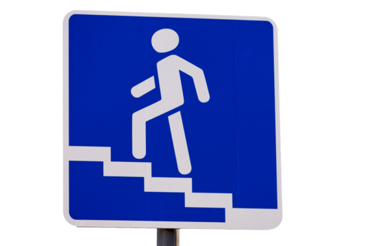 A blue and white sign with a man walking up stairs, suitable for use in public spaces or advertising