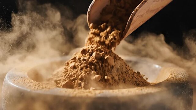 Dramatic slow motion capture of the final scoop of ashwagandha powder dropping perfectly onto a concentrated mound already resting in a smooth mortar macro, remedy, raw