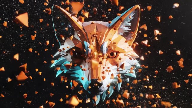 Dramatic particle dispersal and reconstruction of a stylized orange and turquoise polygonal fox head dissolving into small glowing triangular elements head, wildlife, energy