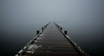 A quiet, abandoned pier or dock extending into a vast expanse of heavy, dark fog over water. The structure disappears into the mist, emphasizing isolation and stillness. Usage Isolation, quiet contem