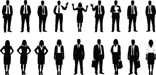 Silhouettes of diverse business professionals standing in various poses, corporate people teamwork concept, office workers collection isolated on white background