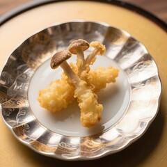 4k high quality Ai generative HD photo realistic menu selling restaurant eat dish snack Japanese food traditional coated tempura deep fried shimeji mushroom fancy white silver plate