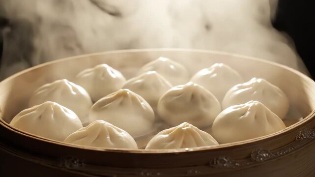 Dramatic slow motion shot capturing intense swirling steam rising rapidly from freshly uncovered, perfectly cooked baozi buns inside a hot steamer rising rapidly, breakfast, motion
