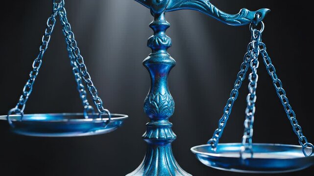 Dramatic slow motion close-up of highly stylized metallic blue scales of justice tipping slightly out of balance before smoothly returning to neutral position judgment, high contrast, finance