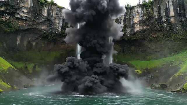 Dramatic slow motion shot of a crystalline waterfall cascading into a deep pool where thick, heavy black smoke begins to billow upward and consume the clear water motion, destruction, deep