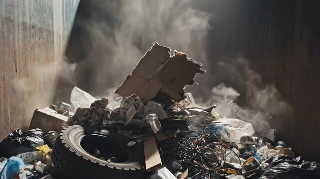 Dramatic slow motion perspective of various items of miscellaneous debris falling gracefully from above into a large, dark industrial dumpster container various, waste, dark