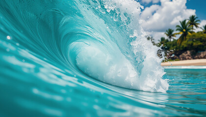 A turquoise wave crashes over a sandy beach, with palm trees and a clear blue sky in the background.