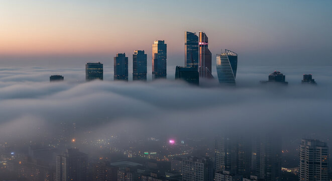  Urban cityscape partially obscured by a soft, diffused fog. The tops of skyscrapers are barely visible, creating a sense of ethereal vastness and quiet in the usually bustling city. Usage Urban myste