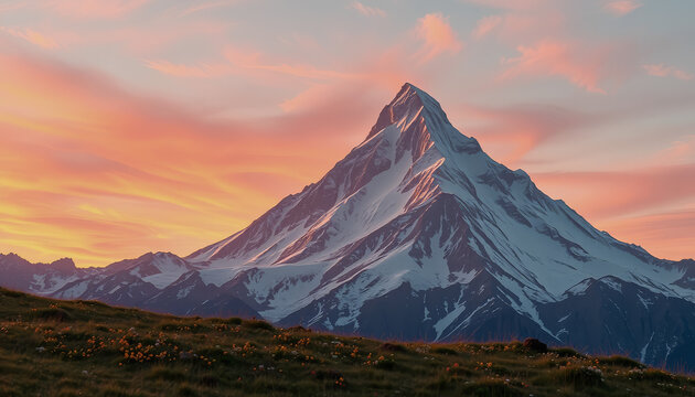 Mt. Everest, a snow-capped peak, stands majestically against a vibrant orange and pink sunrise sky, with a lush green field in the foreground.