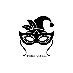 Carnival masquerade festive mask icon with jester hat, black silhouette party accessory vector illustration isolated on white background design
