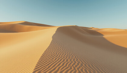 A desert landscape features sand dunes with rippled patterns and a clear blue sky, evoking a sense of vastness and tranquility.