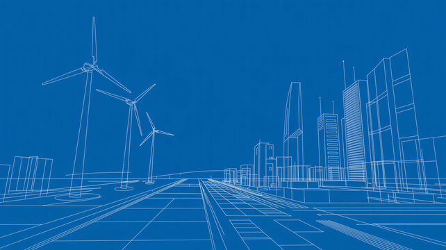 Blueprint vision of future city skyline with wind turbines powering urban sustainability and eco-friendly energy solutions in a clean, modern, and innovative design for construction