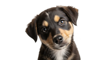 Close up of a puppy with black and tan fur looking inquisitively at the camera on a black background
