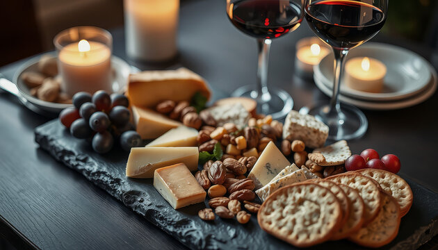 A charcuterie board, featuring cheeses, crackers, grapes, and almonds, is arranged on a rustic wooden table with wine glasses and candles in the background.