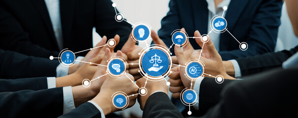 Office worker team stacking hand together symbolize successful group of business partnership and...