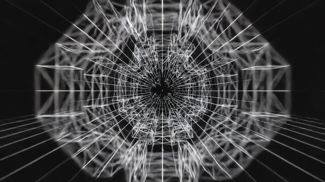 Dynamic motion graphic animation of an expanding and contracting monochrome wireframe grid structure ideal for technical visualization or broadcast design geometric, white, animation