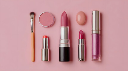 Obraz premium Assortment of beauty and makeup products on pink surface