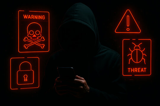 Dark figure in a hood holding a cell phone surrounded by red neon icons representing cyber security threats, virus, warning, and a skull and crossbones - Powered by Adobe