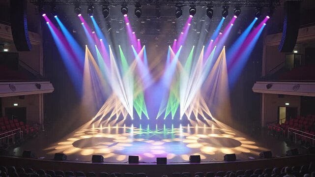 Dynamic stage spotlights rotating rapidly and creating rhythmic circular patterns of color and movement on an empty concert hall floor circular, rapidly, energy