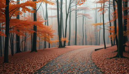 A winding path in a foggy forest is covered in fallen orange leaves, with tall trees and a hazy background.