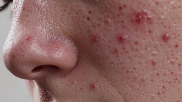 Close-up of acne skin. Focus on problematic areas highlighting skin texture and imperfections. Natural light shows details of skin condition and emotional impact.