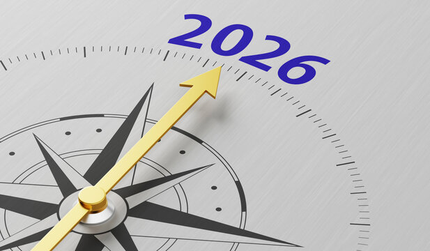 Compass needle pointing to the text 2026 - 3d render