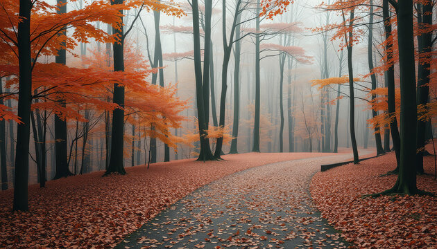 A winding path in a foggy forest is covered in fallen orange leaves, with tall trees and a hazy background.