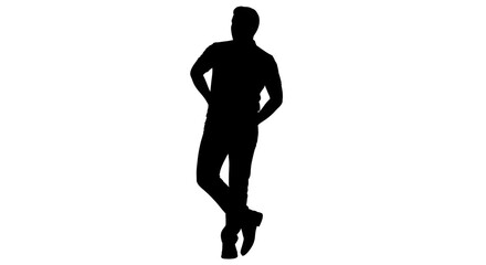 Silhouette of a man leaning with crossed legs and hands in pockets in a casual relaxed pose on white