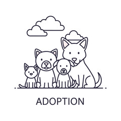 Obraz premium Adoption pets line illustration depicts group of cute dogs and cat. Adoption pets concept highlights animal care and welfare, showcasing different pet breeds together.