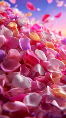 Fototapeta premium Close-up of a Romantic Pile of Pink White and Orange Rose Petals with a Soft Focus Background