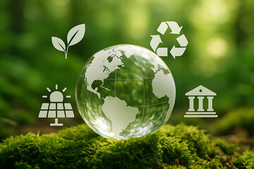 A glass earth globe sitting on green moss in a vibrant forest background with icons for a leaf, recycling, solar panel, and government building showing green finance