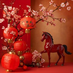 Red lanterns and paper fans with cherry blossoms create festive Chinese New Year decoration, sakura flowers 